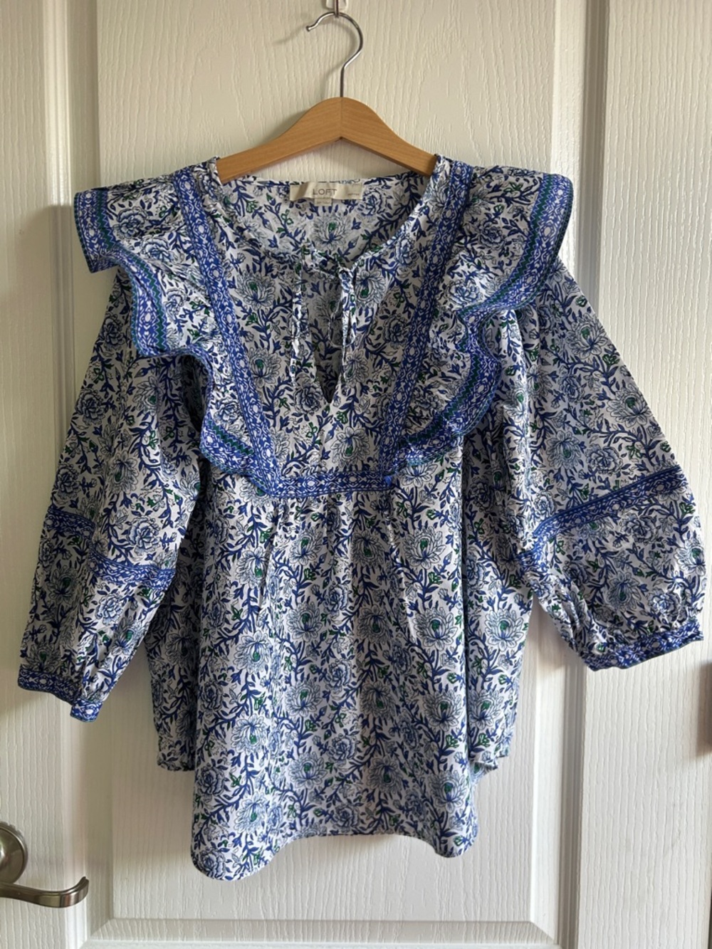 LOFT Blue and White Ruffle Shoulder Floral Blouse